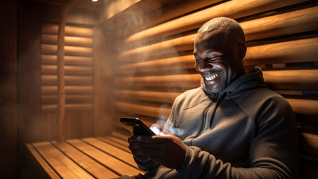 man using phone in sauna 
