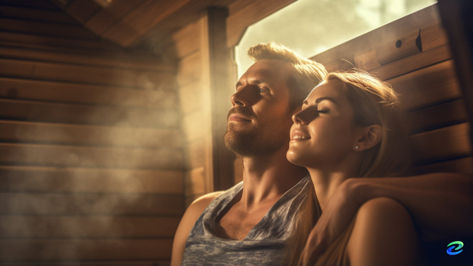 man and woman relaxing in a sauna