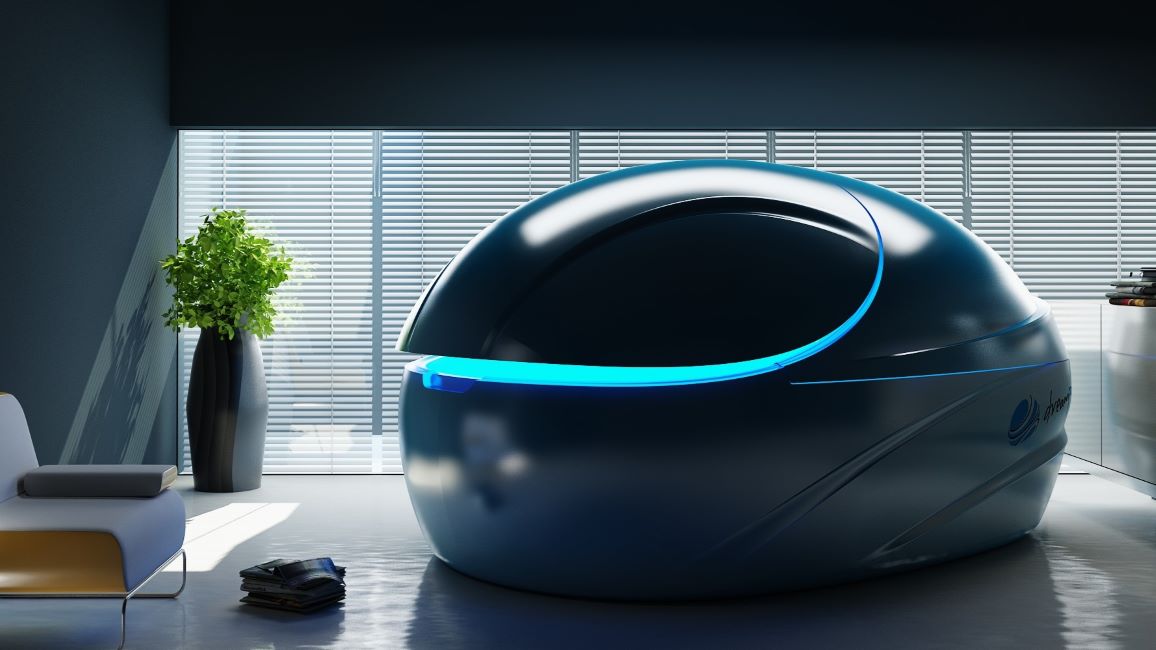 lifestyle image of dreampod float tank in a commercial setting