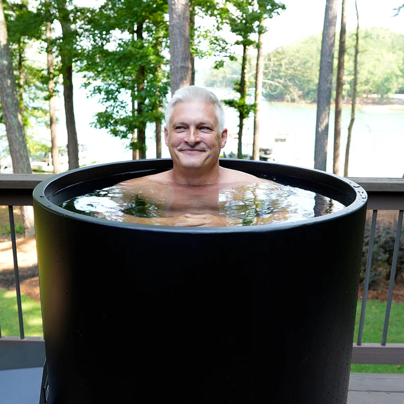 Older Man Using Cold Life Plunge Ice Bath Tub Bundle Lifestyle Image 