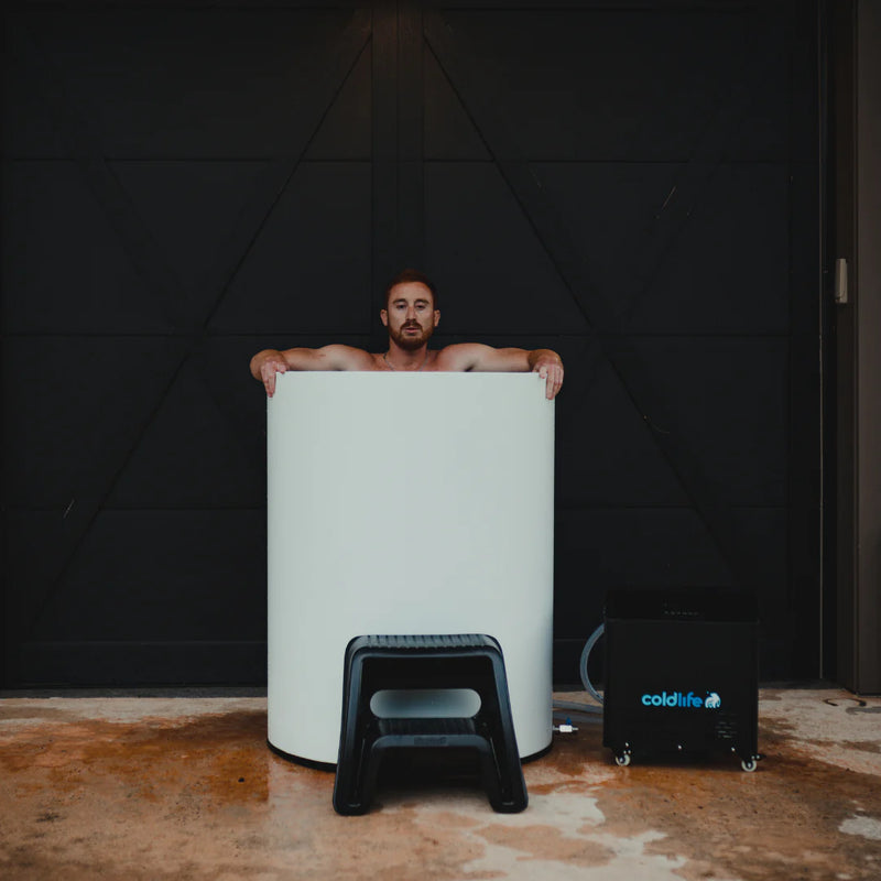 Man Using Cold Life Plunge Ice Bath Tub Bundle Lifestyle Image 