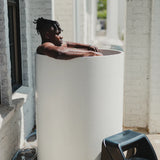 Man Using Cold Life Plunge Ice Bath Tub Bundle Lifestyle Image  - Side View