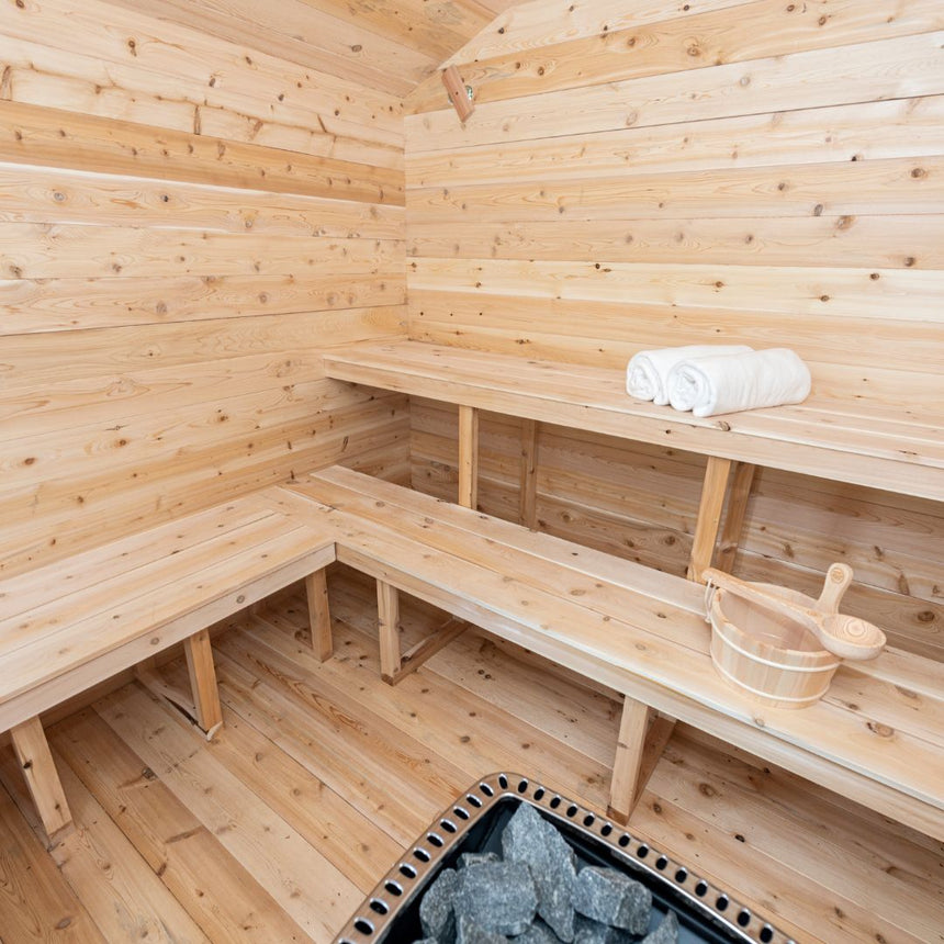 6 person family sauna inside of sauna corner wall