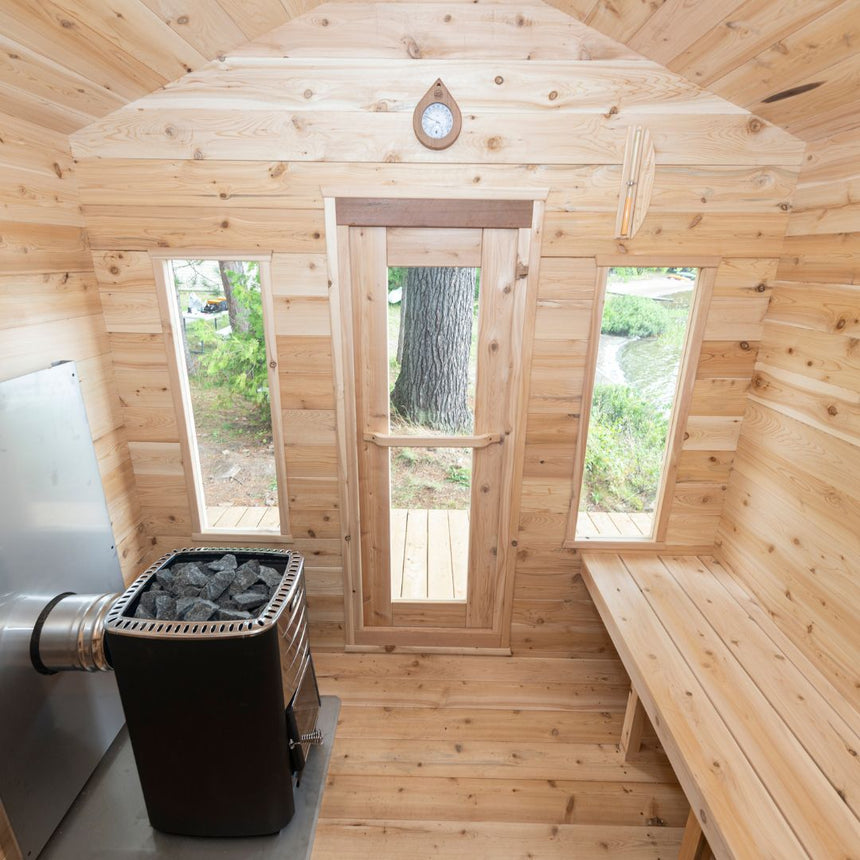 6 person family sauna inside of sauna door