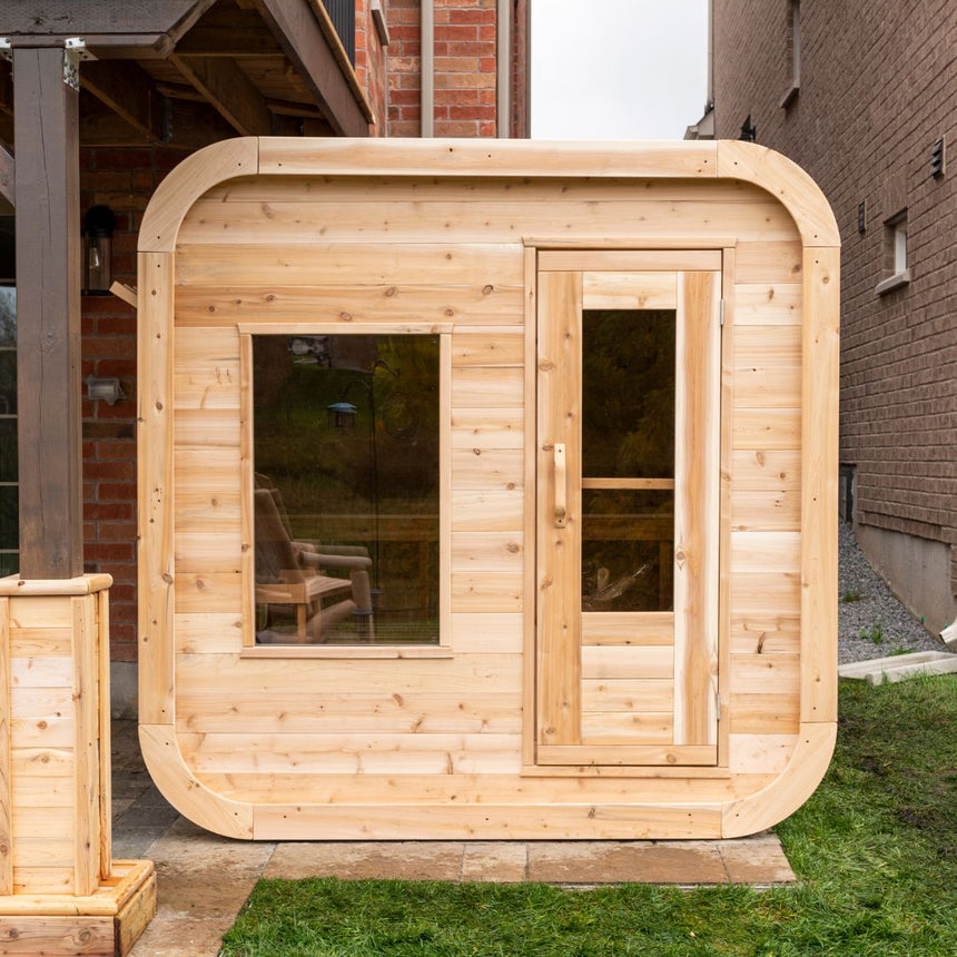 mockup of sauna front view outdoors