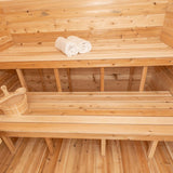 inside of sauna facing benches