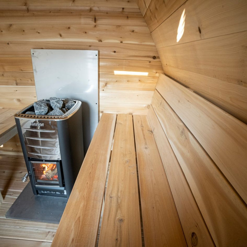 inside sauna facing benches