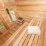 inside of sauna facing benches and door