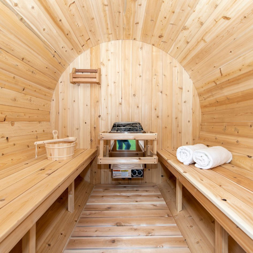 barrel sauna mockup inside showing heater compartment full view