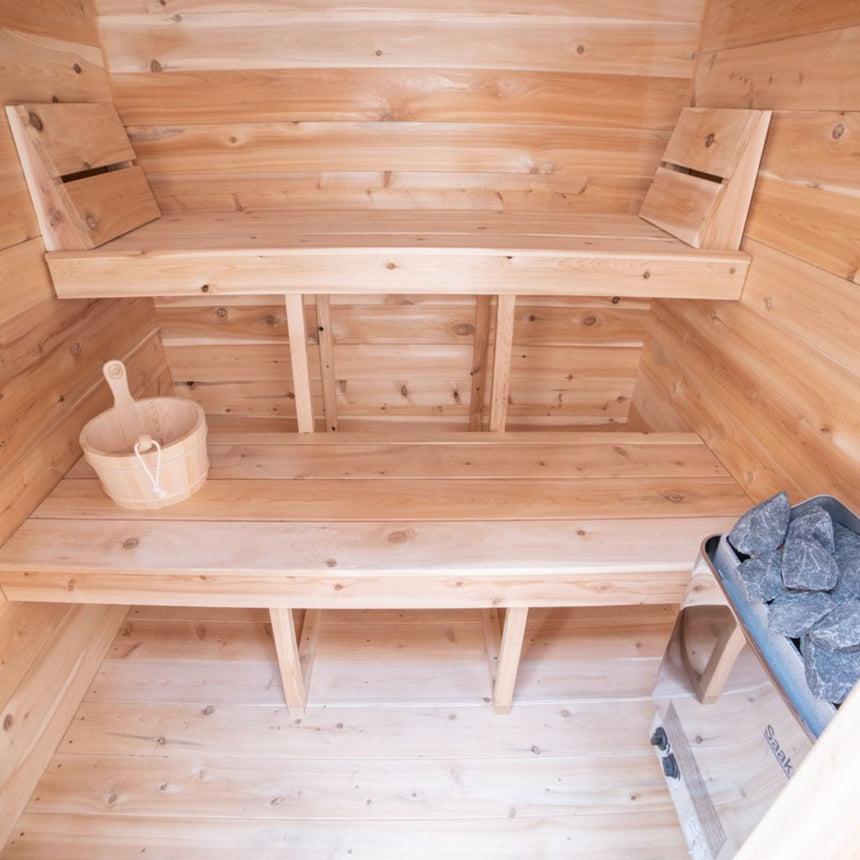 inside of sauna facing benches