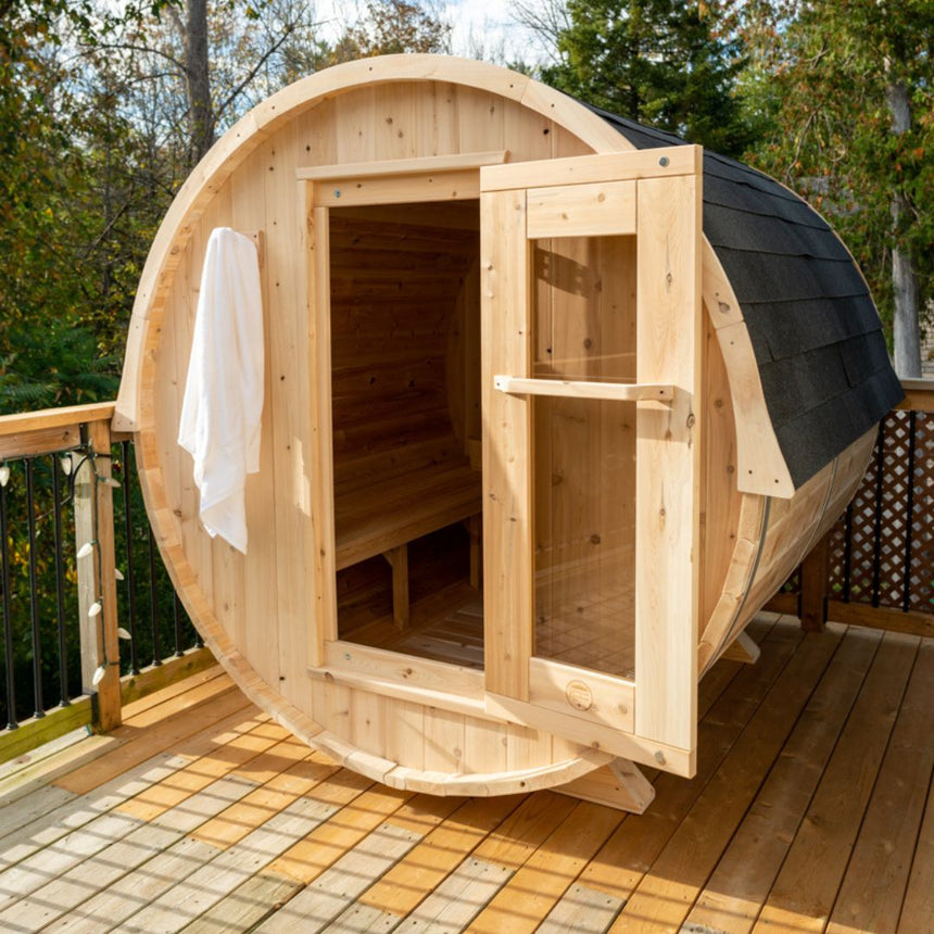 barrel sauna mockup outdoors front view door open