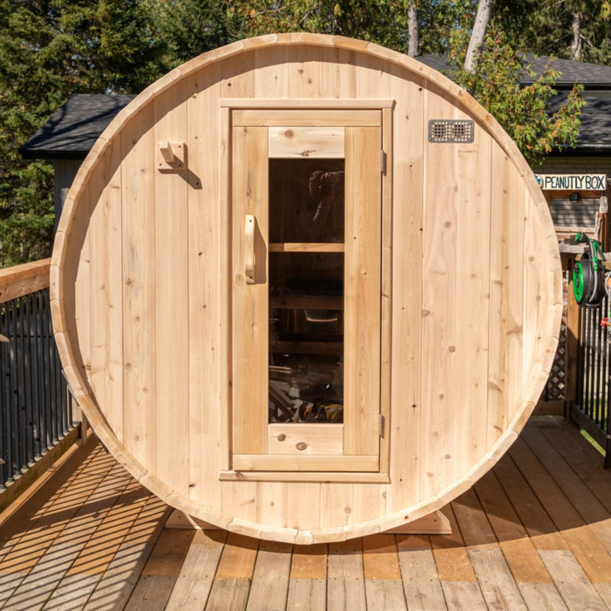 barrel sauna mockup outdoors front view on deck door closed