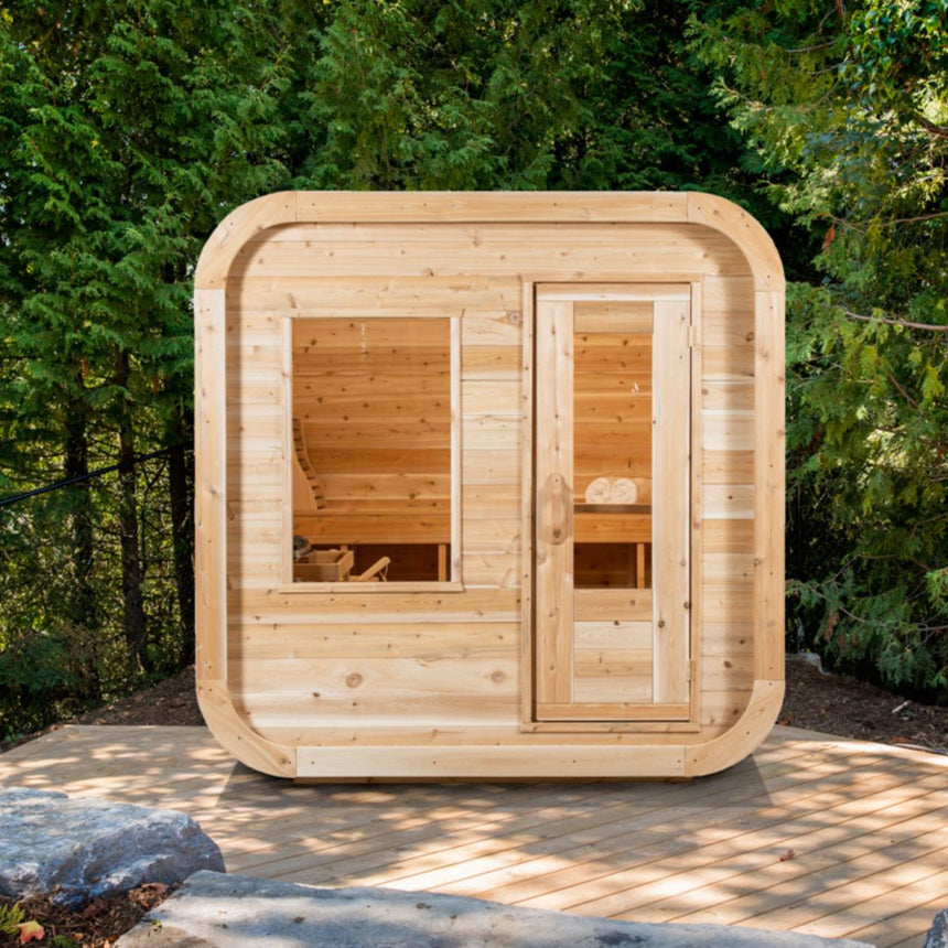 mockup of sauna front view outdoors
