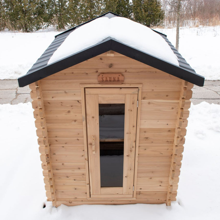 front and top view of sauna outdoors