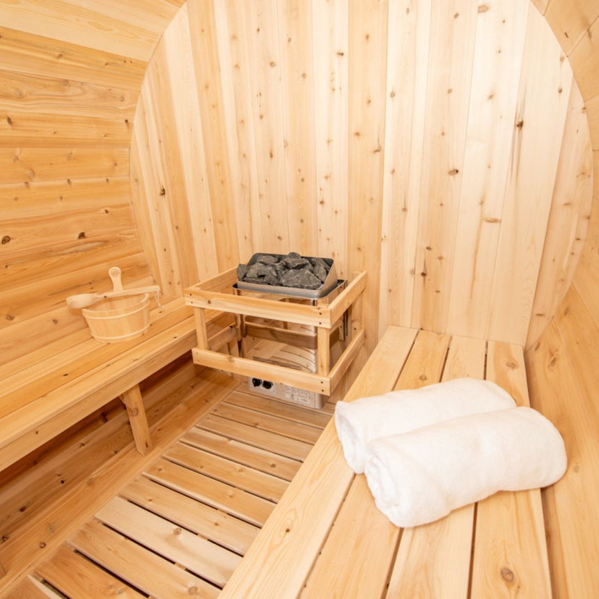 barrel sauna mockup inside showing heater compartment 