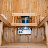 barrel sauna mockup inside showing heater compartment floor view