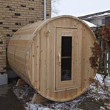 barrel sauna mockup outdoors front view in backyard with snow on the ground