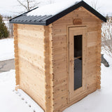 front and side view of sauna outdoors