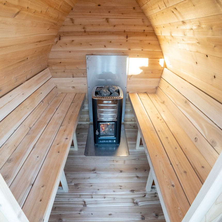 higher angle perspective of inside of sauna 