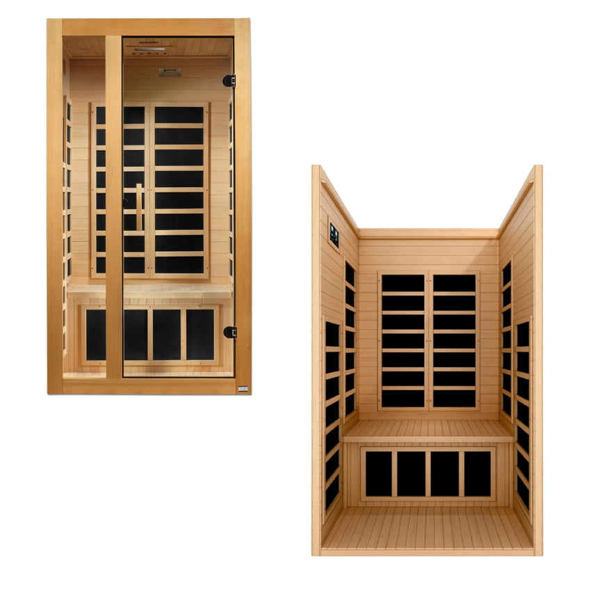 Dynamic Gracia 1-2 Person Low EMF Far Infrared Sauna side by side front and inside view
