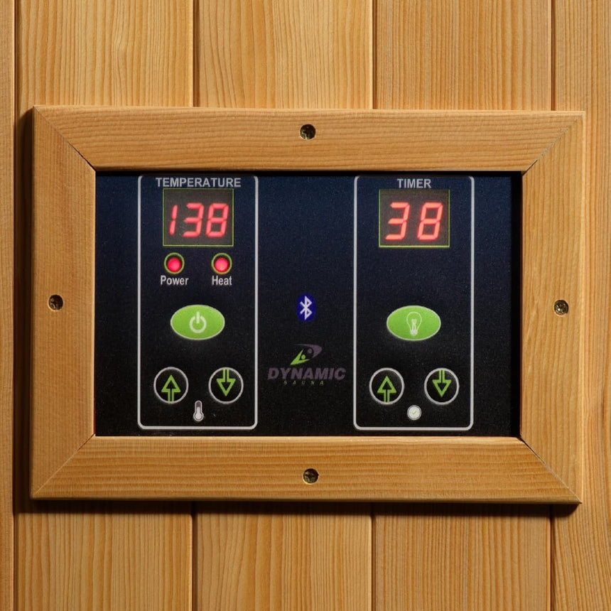 Dynamic Gracia 1-2 Person Low EMF Far Infrared Sauna Closeup of sauna controls