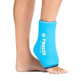 closeup of woman wearing turquoise freeze sleeve on right ankle 