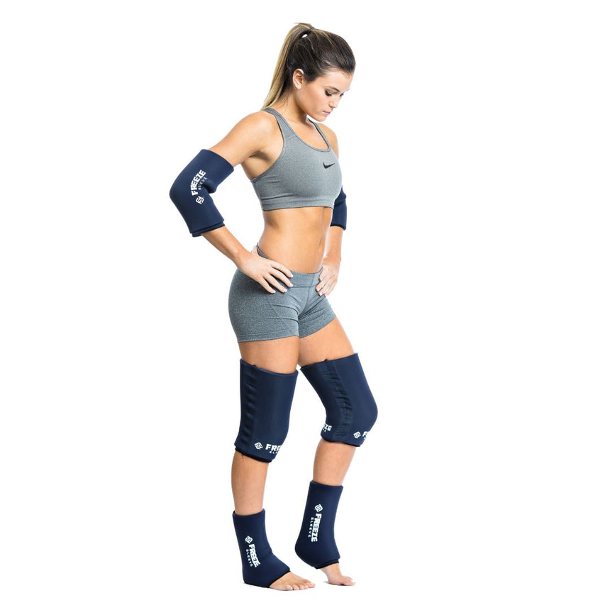woman wearing freeze sleeve on right and left elbows, knees, and ankles