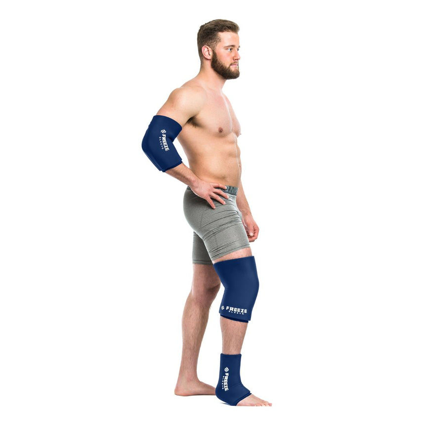 man wearing navy freeze sleeve on right elbow, knee, and ankle