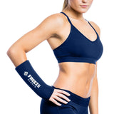 woman wearing navy freeze sleeve on right wrist