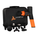 Jawku massage gun v2 mockup white background with carrying case and 7 massage heads