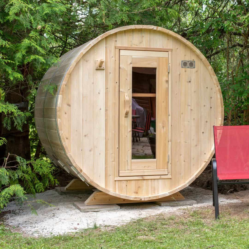 barrel sauna mockup outdoors front view