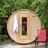 barrel sauna mockup outdoors front view in backyard