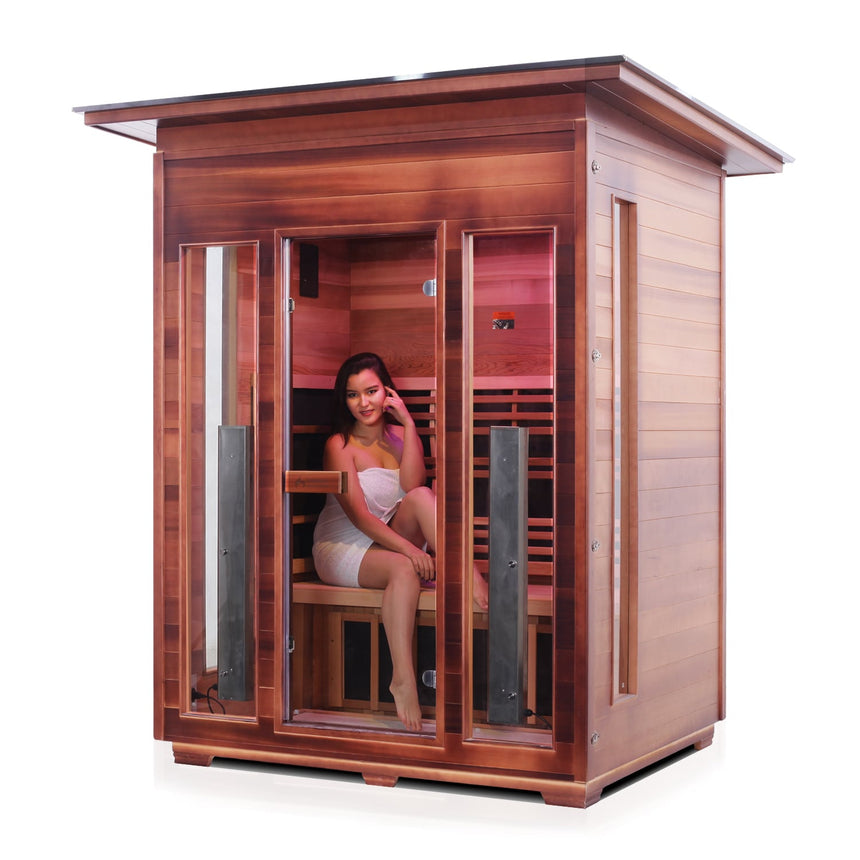 3 PERSON OUTDOOR INFRARED SAUNA MOCKUP PNG WITH WOMAN INSIDE