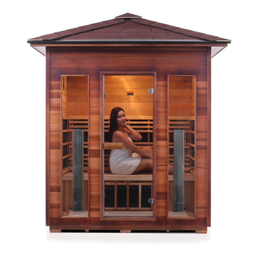 4 PERSON OUTDOOR INFRARED SAUNA MOCKUP PNG WITH WOMAN