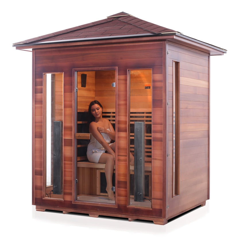 4 PERSON OUTDOOR INFRARED SAUNA MOCKUP PNG WITH WOMAN INSIDE