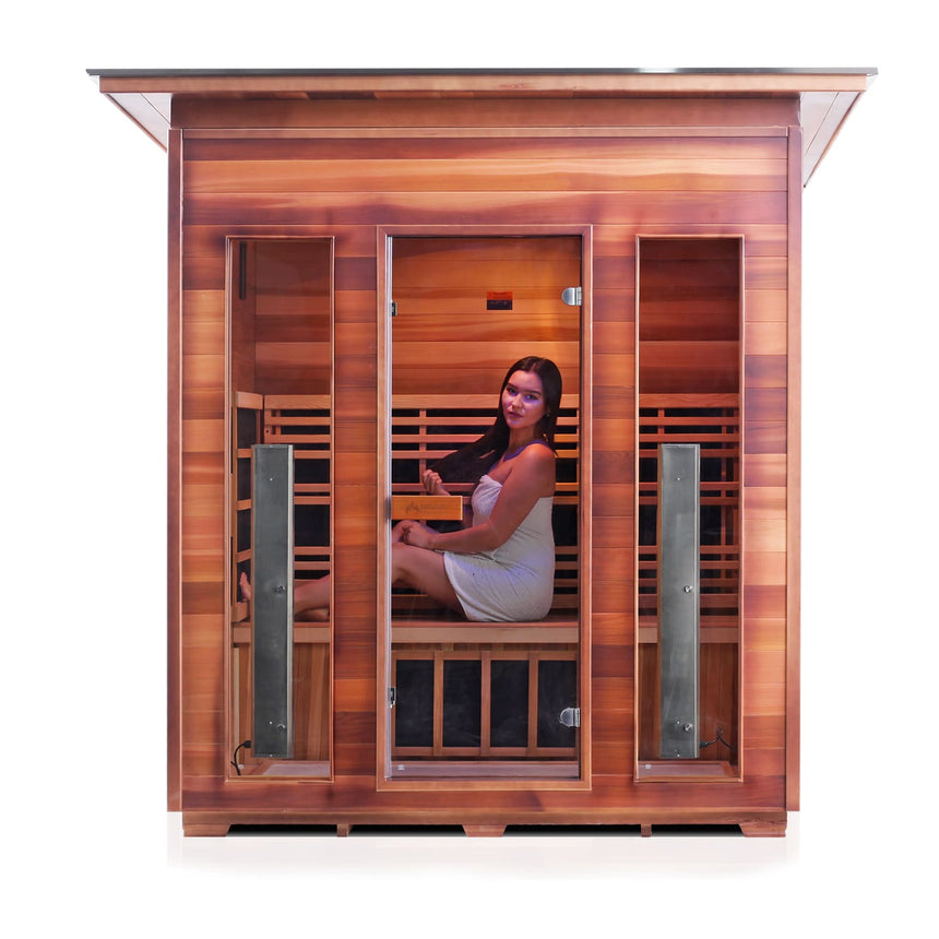 4 PERSON OUTDOOR INFRARED SAUNA MOCKUP PNG WITH WOMAN INSIDE