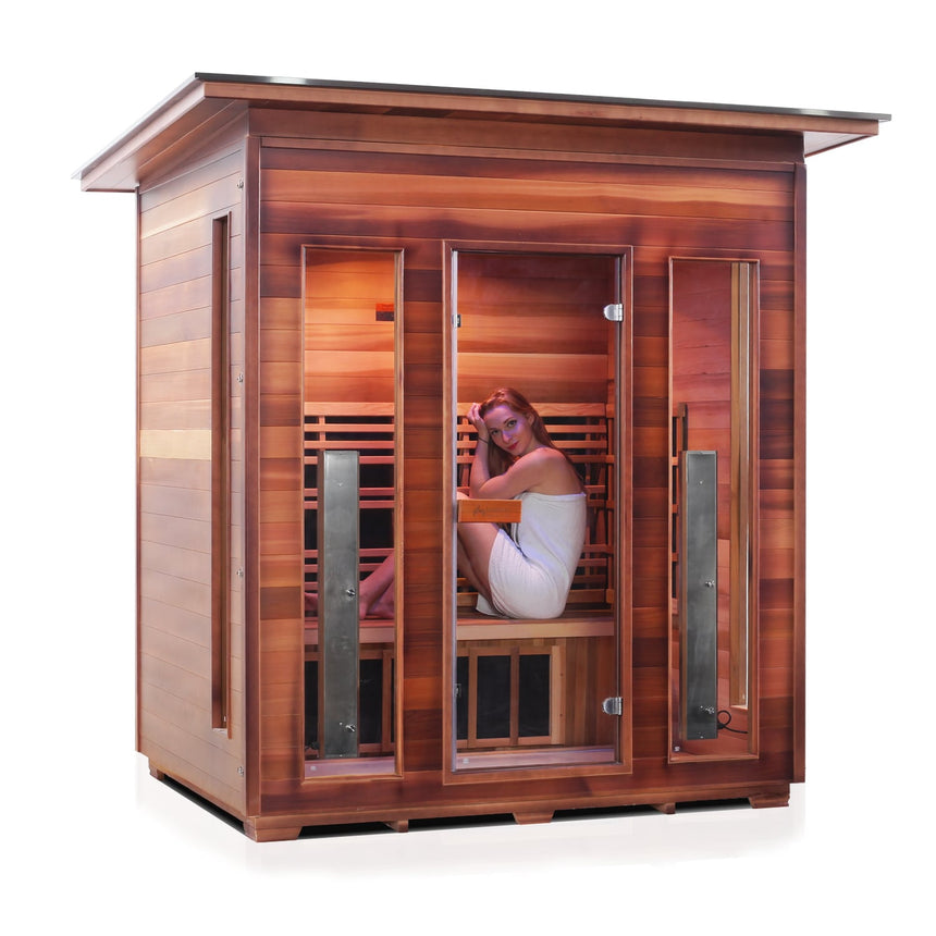 4 PERSON OUTDOOR INFRARED SAUNA MOCKUP PNG WITH WOMAN
