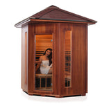 4 person corner infrared sauna mockup png with woman inside