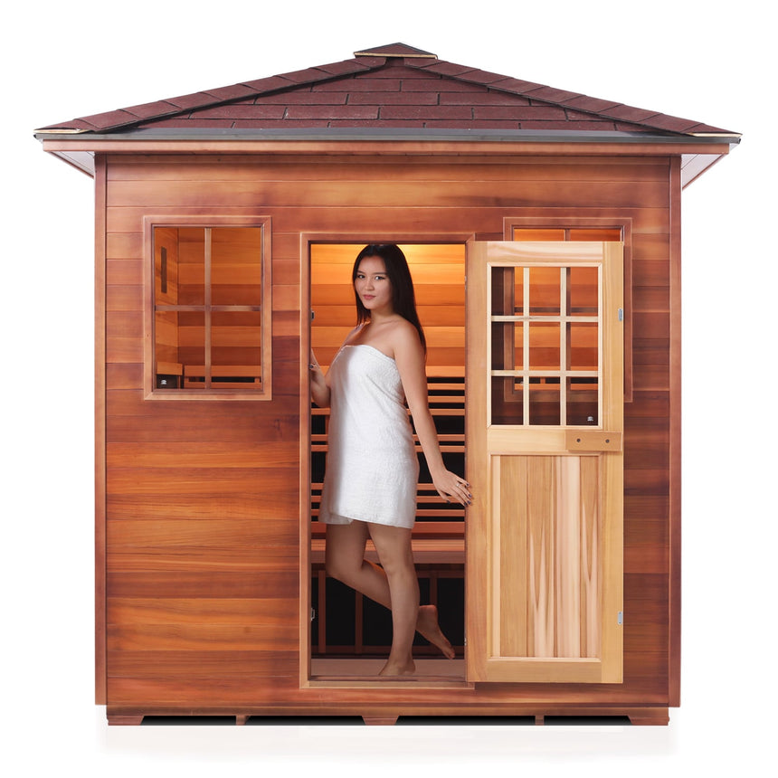 sierra 5 person outdoor infrared sauna mockup png with woman inside