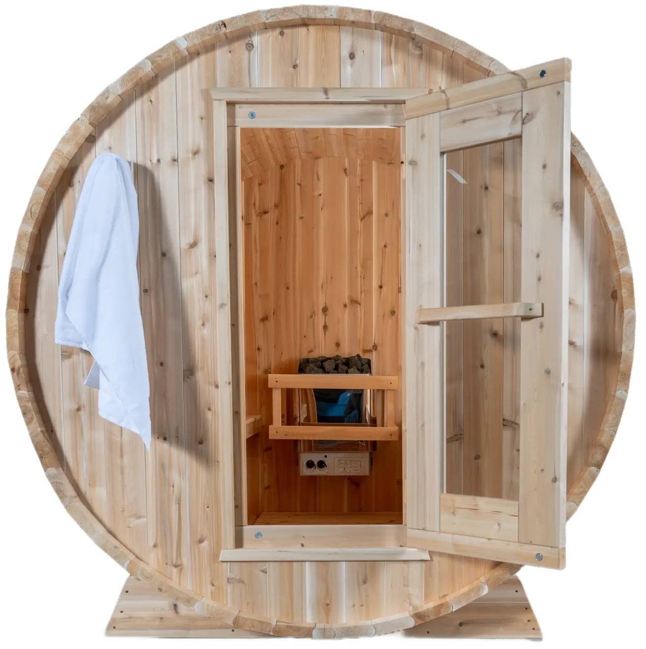 ZiahCare's Dundalk Harmony 4 Person Outdoor Barrel Sauna Kit Mockup Image 3