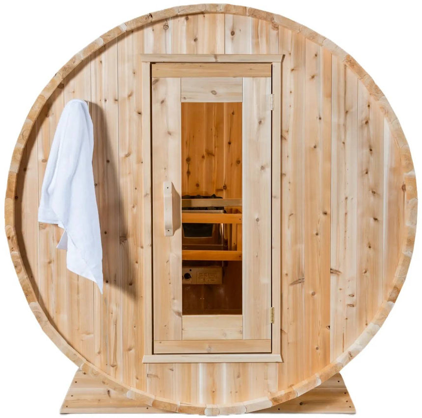 ZiahCare's Dundalk Harmony 4 Person Outdoor Barrel Sauna Kit Mockup Image 1