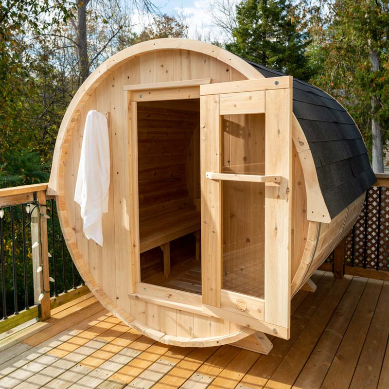 ZiahCare's Dundalk Harmony 4 Person Outdoor Barrel Sauna Kit Mockup Image 8