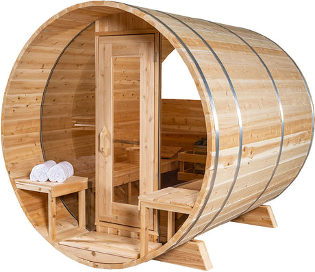 ZiahCare's Dundalk Serenity MP 4 Person Outdoor Barrel Sauna Kit Mockup Image 1
