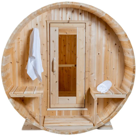 ZiahCare's Dundalk Serenity 4 Person Outdoor Barrel Sauna Kit Mockup Image 1