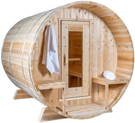 ZiahCare's Dundalk Serenity 4 Person Outdoor Barrel Sauna Kit Mockup Image 2