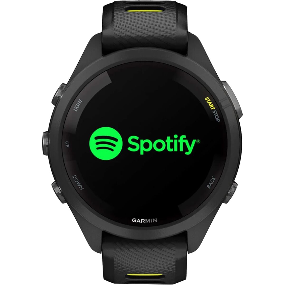 garmin forerunner65s gar067 black bezel case black amp yellow band mockup spotify