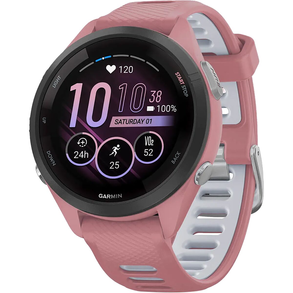 garmin forerunner65s gar067 black bezel light pink case light pink whitestone band mockup