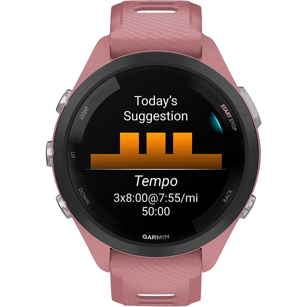 garmin forerunner65s gar067 black bezel light pink case light pink whitestone band mockup 4