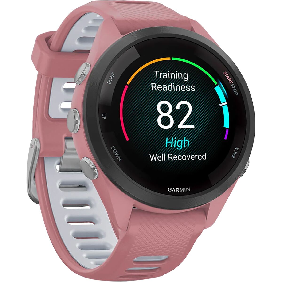 garmin forerunner65s gar067 black bezel light pink case light pink whitestone band mockup 5