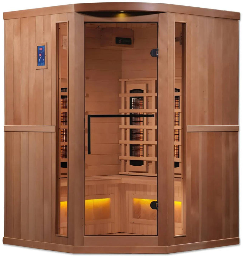 ZiahCare's Golden Designs 3 Person Full Spectrum Infrared Corner Sauna Reserve Edition Mockup Image 1